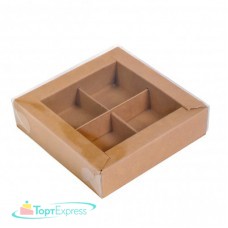Коробка для 4 конфет 120х120х30 крафт с прозрачной крышкой