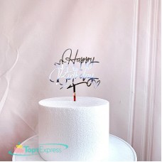 Топпер Happy Birthday серебряный с сердечками