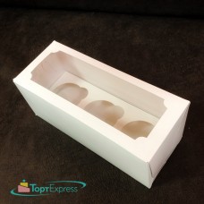 Коробка для 3 капкейков  белая с окном 255х100х100