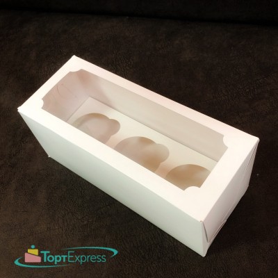 Коробка для 3 капкейков  белая с окном 255х100х100