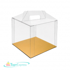 Коробка для бенто-торта и кулича 155х155х130 прозрачная с ручками и подложкой