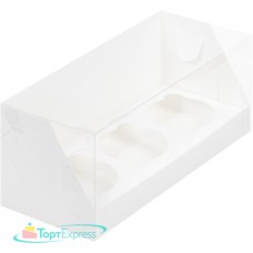 Коробка для 3 капкейков с пластиковой крышкой 240х100х100 белая