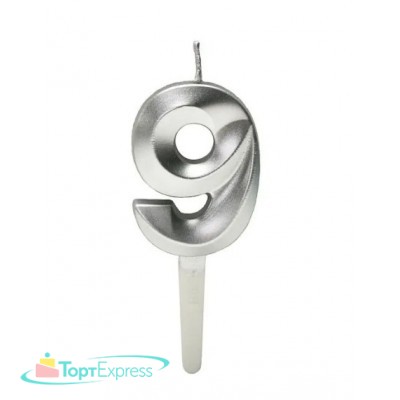 Свеча для торта Цифра 9 серебро, 5см